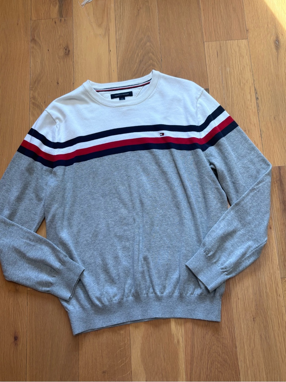 Tommy Hilfiger Large Crewneck Sweater with White, Gray, Navy & Red Stripes